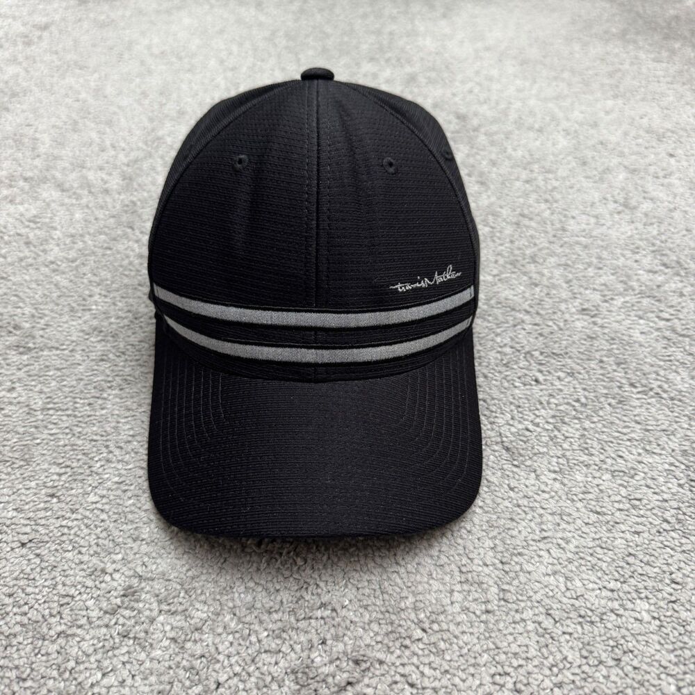 TravisMathew Golf Hat Mens L-XL Black Flexfit Embroidered Stripe Athletic Cap